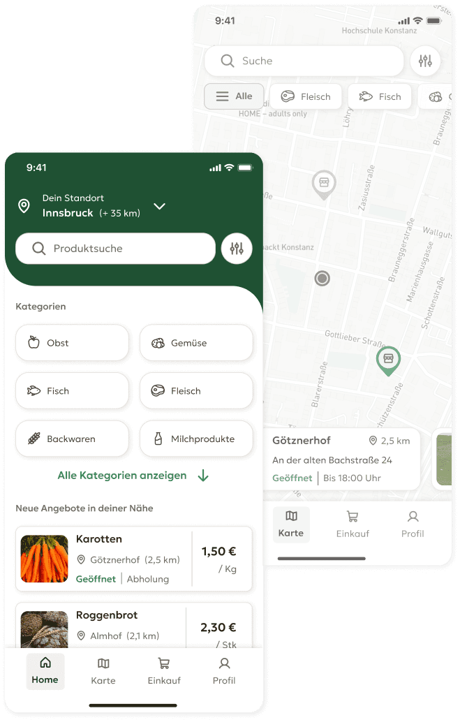 Stella-App: Startseite mit Produktkategorien und Kartenansicht mit Höfen in der Nähe