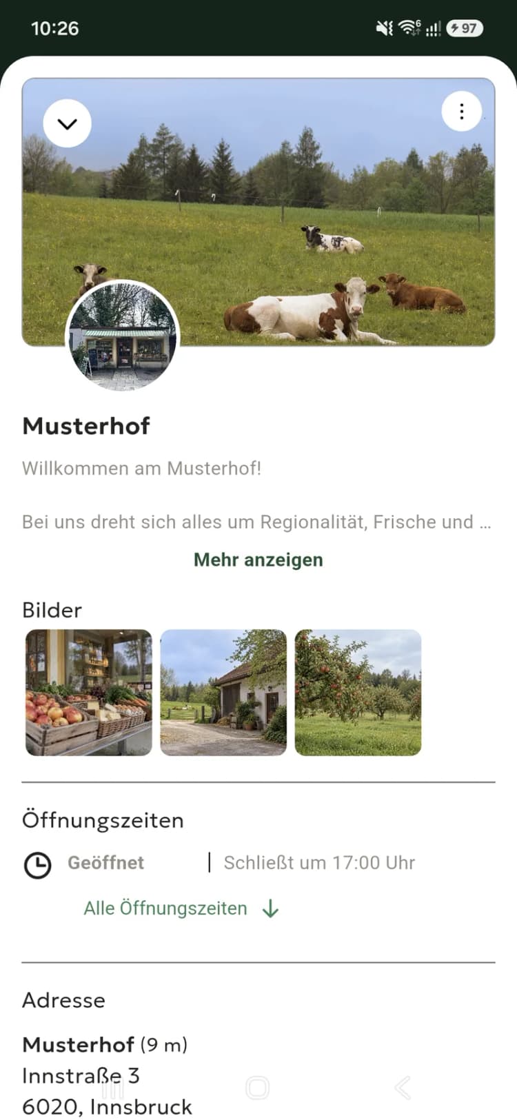 Stella-App: Hofprofil mit Bildern, Öffnungszeiten und Adresse