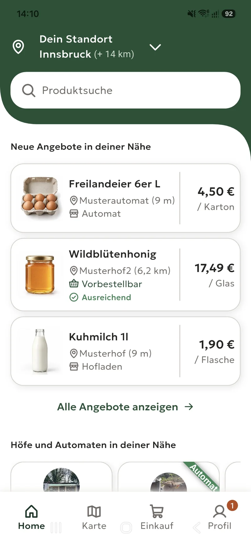 Stella-App: Startseite mit aktuellen Angeboten und Höfen in der Nähe